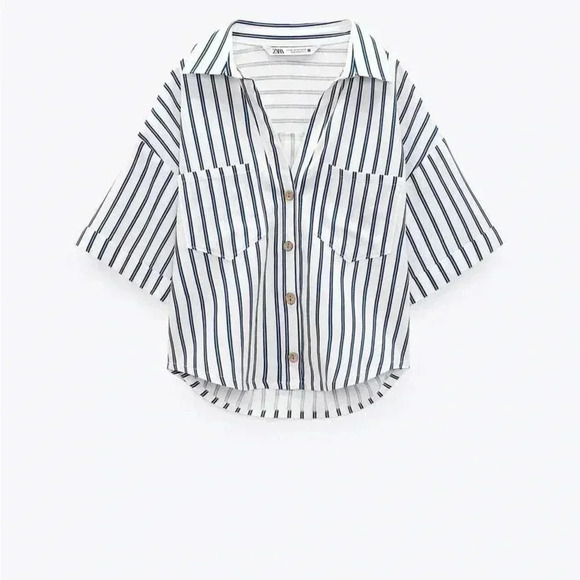 Zara Linen Blend Striped Nautical Button Down Crop Top - Picture 2 of 7